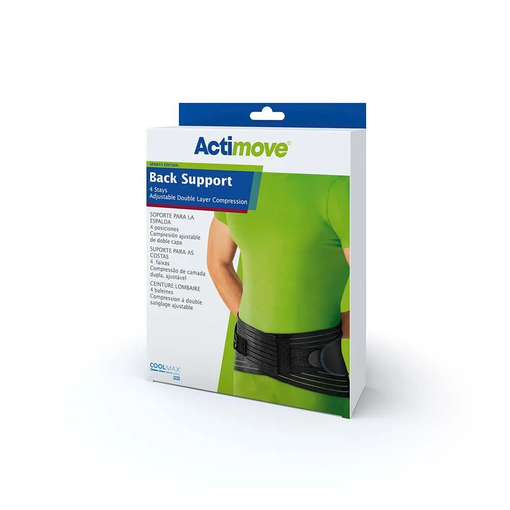 Actimove Sports Edition Back Support, 4 Stays, Adjustable, Double Layer Compression, Black