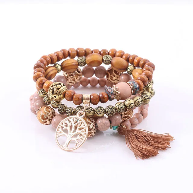 Beautiful Wooden Tree of Life Bracelet Set