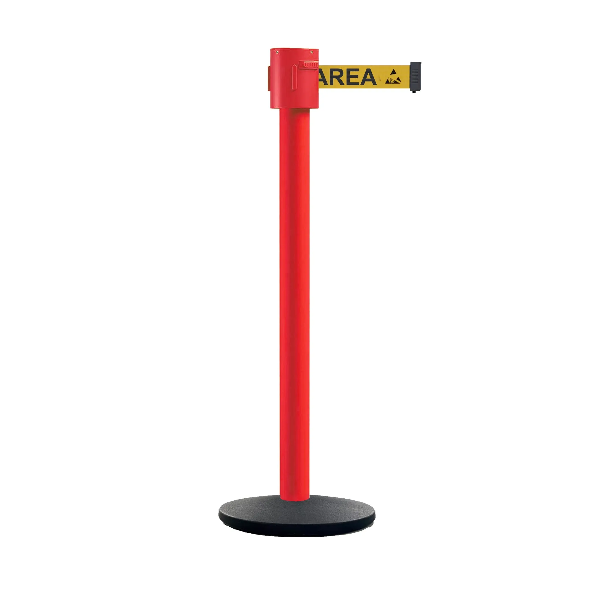 Retractable Belt Barrier Stanchion, Cast Iron Base Base, Red Post, 35 ft Belt - Montour Line MSI760