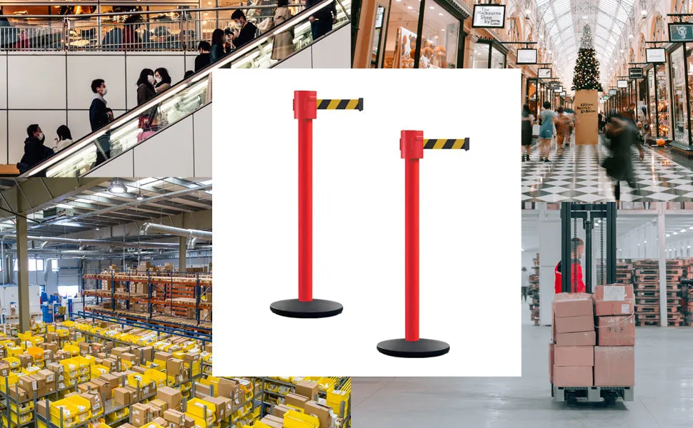 Retractable Belt Barrier Stanchion, Cast Iron Base Base, Red Post, 35 ft Belt - Montour Line MSI760