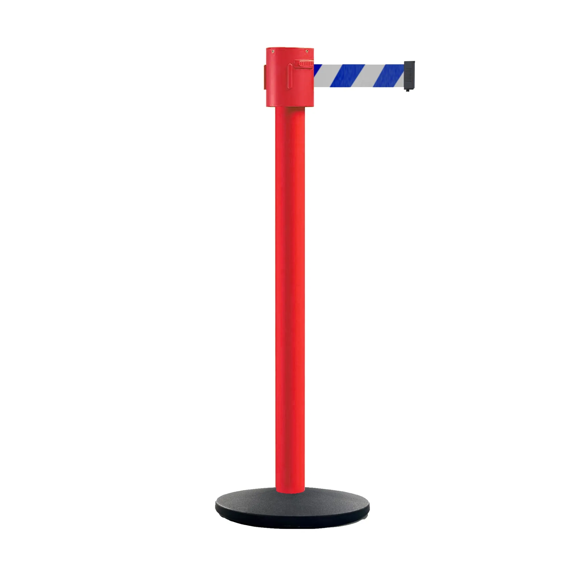 Retractable Belt Barrier Stanchion, Cast Iron Base Base, Red Post, 35 ft Belt - Montour Line MSI760