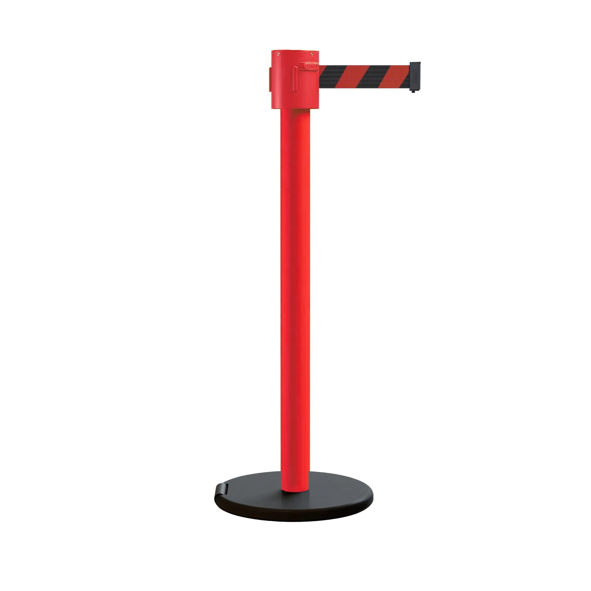 Retractable Belt Barrier Stanchion, Roller Base, Red Post, 35 ft Belt - Montour Line MSE760