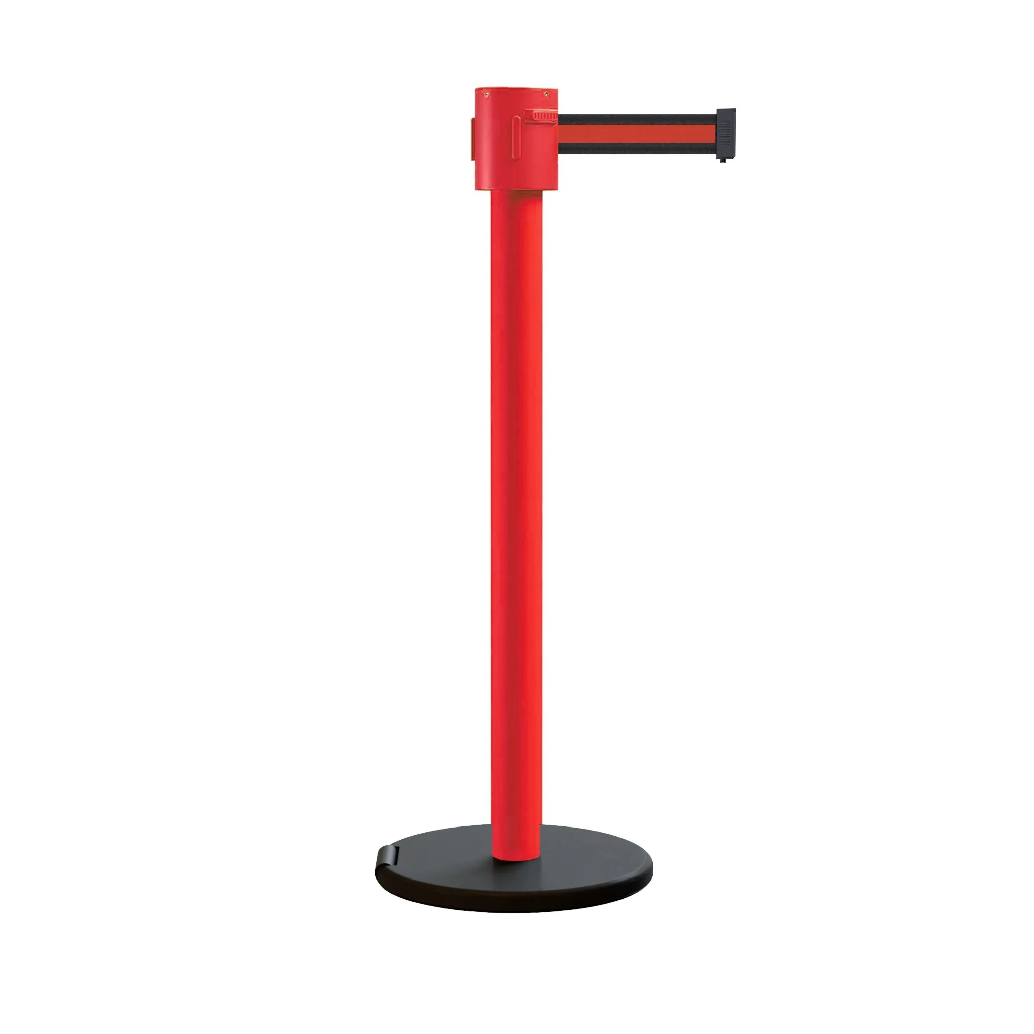 Retractable Belt Barrier Stanchion, Roller Base, Red Post, 35 ft Belt - Montour Line MSE760