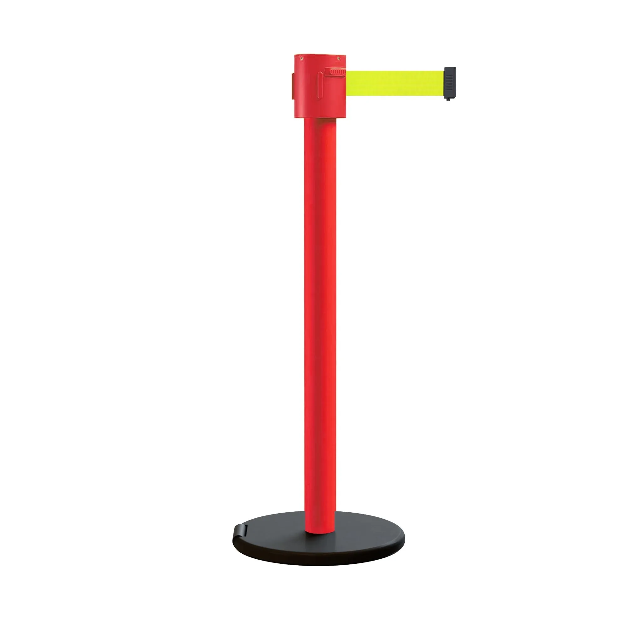 Retractable Belt Barrier Stanchion, Roller Base, Red Post, 35 ft Belt - Montour Line MSE760