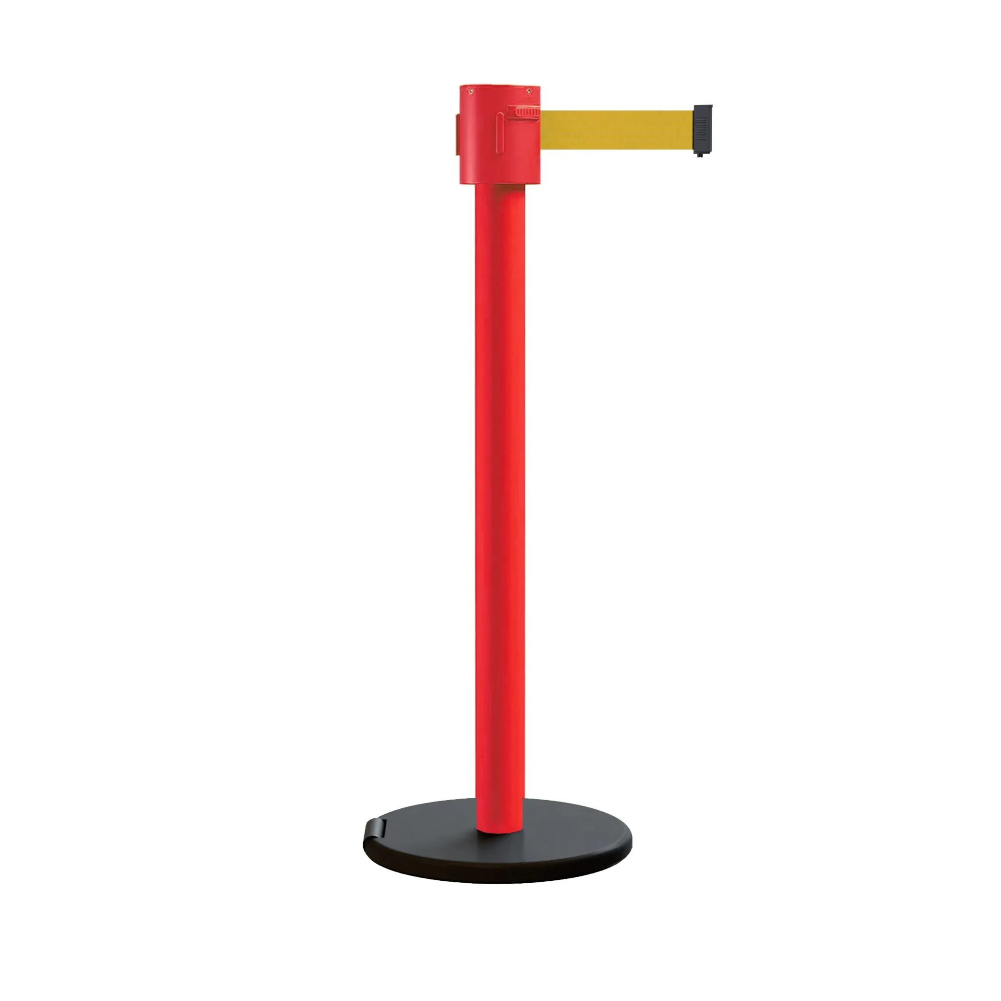 Retractable Belt Barrier Stanchion, Roller Base, Red Post, 35 ft Belt - Montour Line MSE760