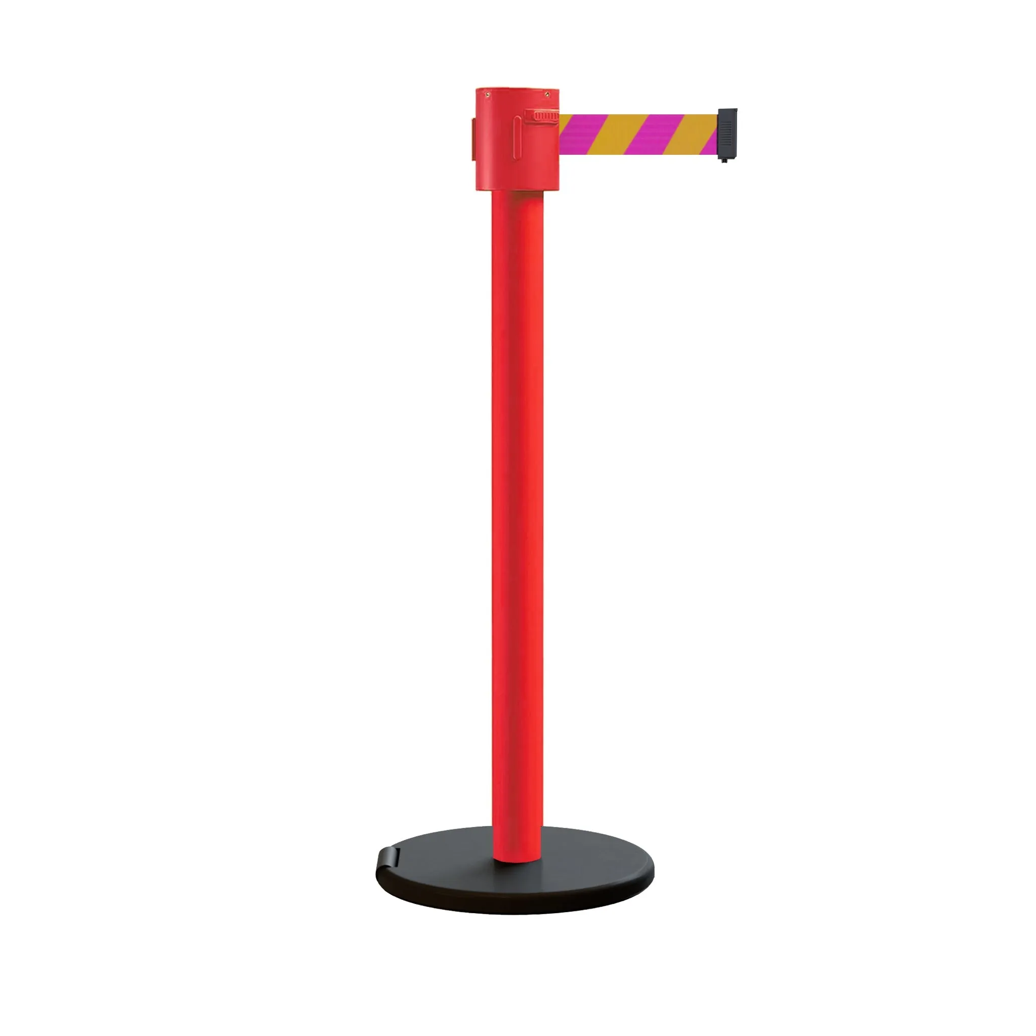 Retractable Belt Barrier Stanchion, Roller Base, Red Post, 35 ft Belt - Montour Line MSE760