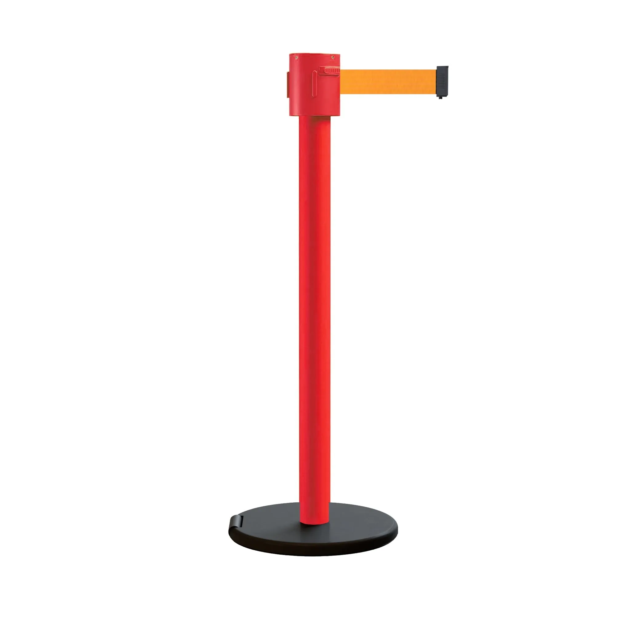 Retractable Belt Barrier Stanchion, Roller Base, Red Post, 35 ft Belt - Montour Line MSE760