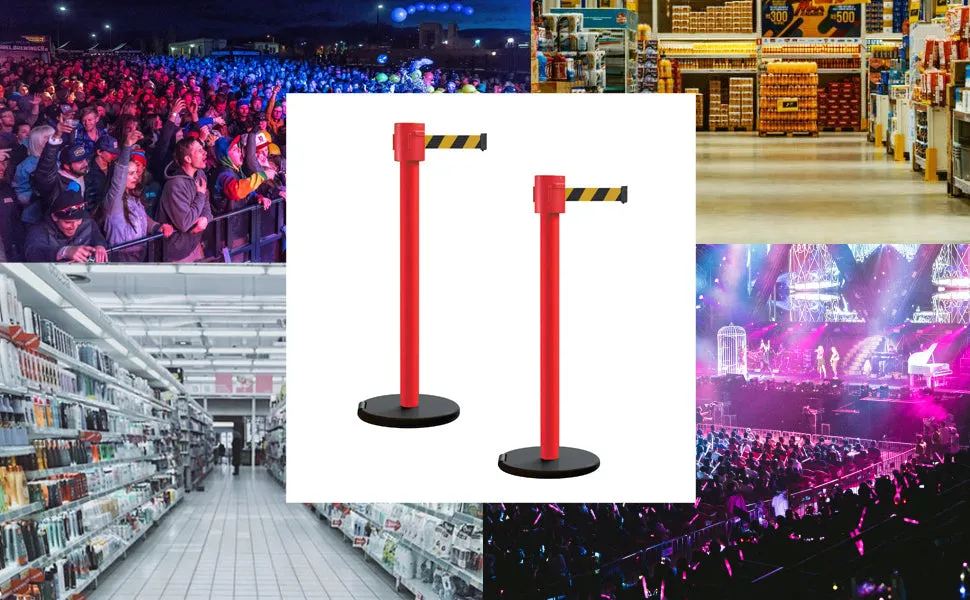 Retractable Belt Barrier Stanchion, Roller Base, Red Post, 35 ft Belt - Montour Line MSE760