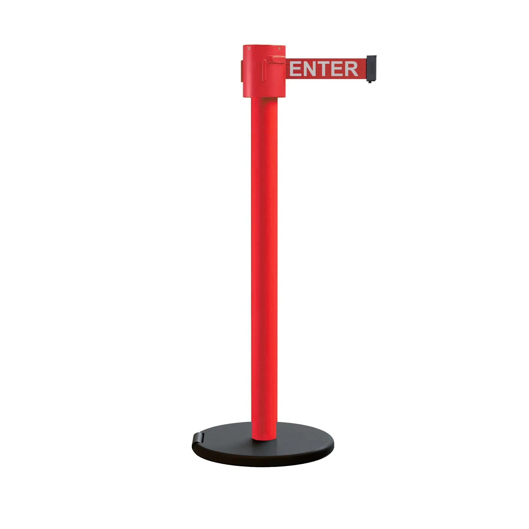 Retractable Belt Barrier Stanchion, Roller Base, Red Post, 35 ft Belt - Montour Line MSE760