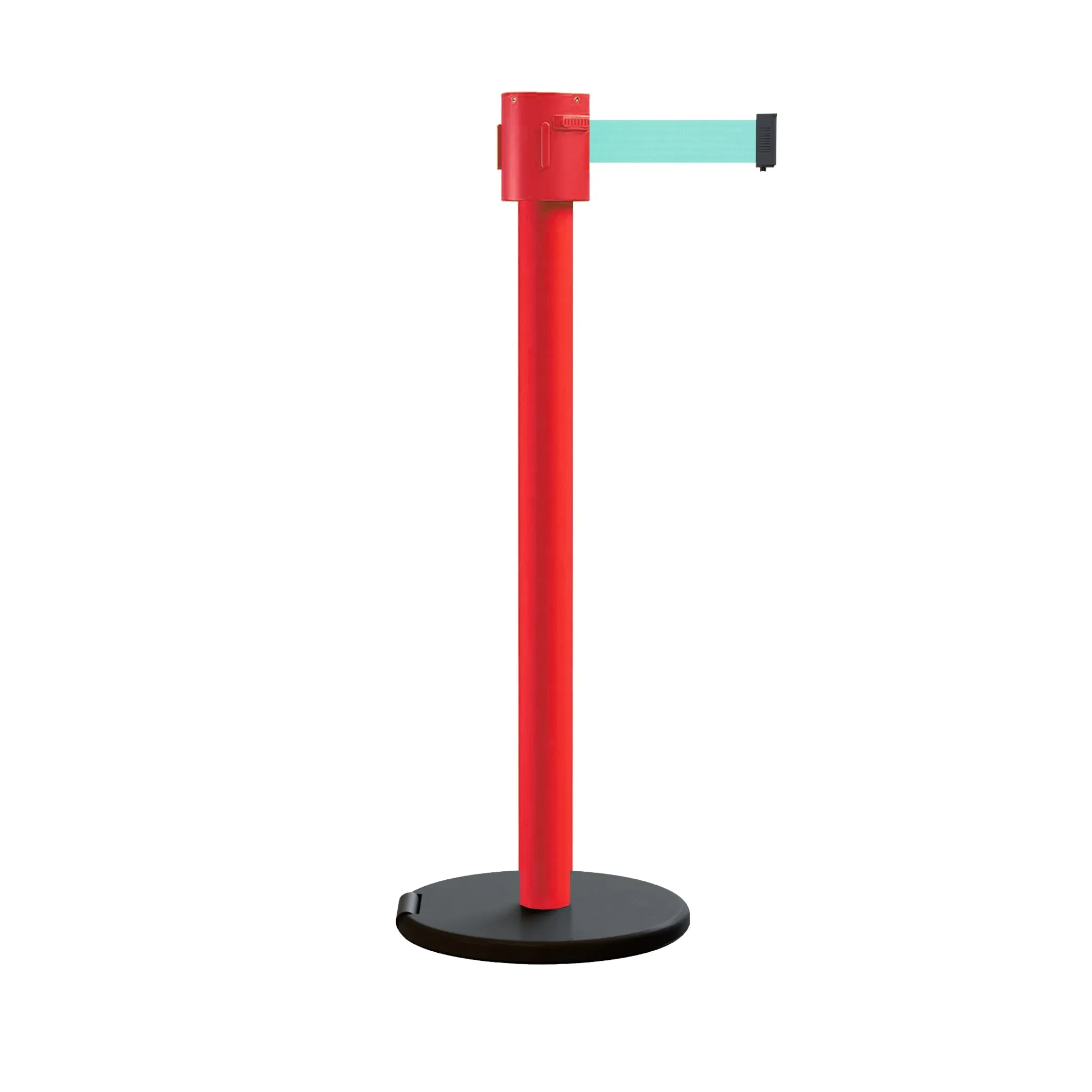 Retractable Belt Barrier Stanchion, Roller Base, Red Post, 35 ft Belt - Montour Line MSE760