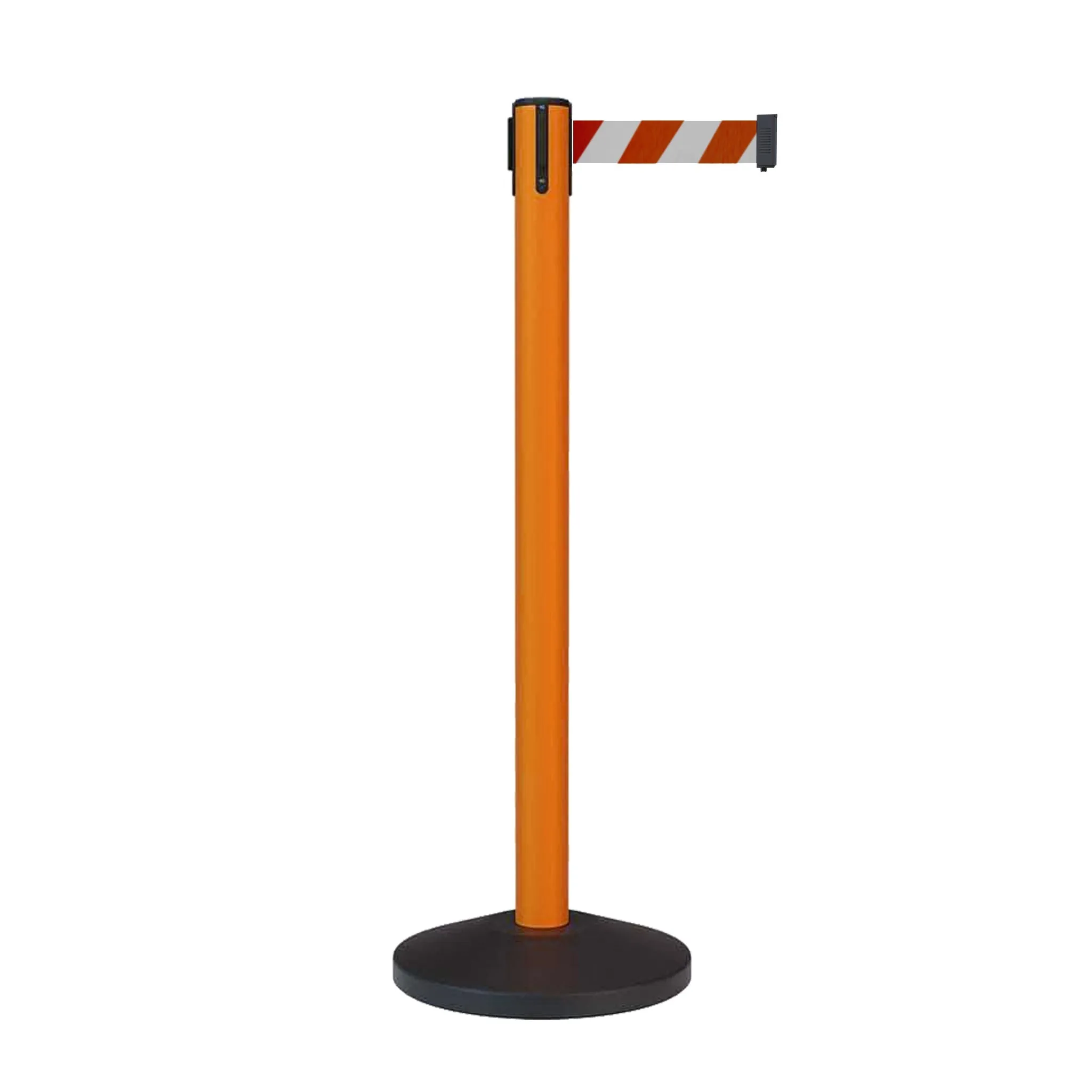 Retractable Belt Barrier Stanchion, Sloped Base, Orange Post, 9 ft Belt - Montour Line MS630