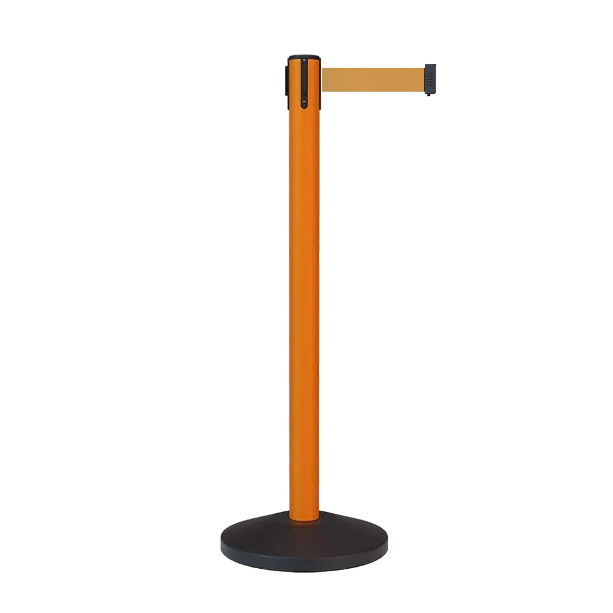 Retractable Belt Barrier Stanchion, Sloped Base, Orange Post, 9 ft Belt - Montour Line MS630