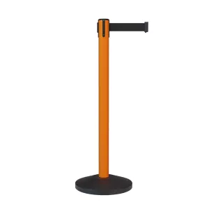 Retractable Belt Barrier Stanchion, Sloped Base, Orange Post, 9 ft Belt - Montour Line MS630