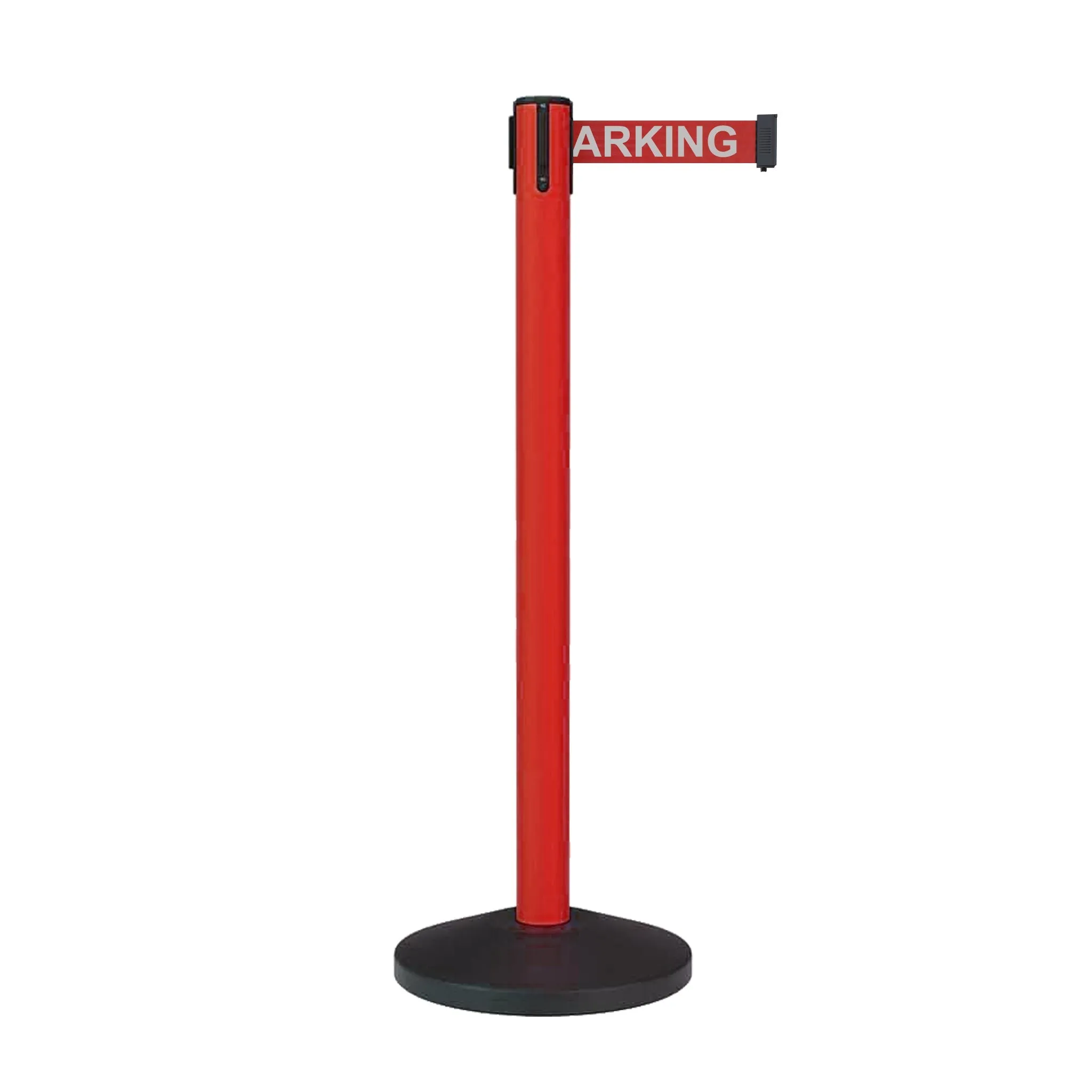 Retractable Belt Barrier Stanchion, Sloped Base, Red Post, 11 ft Belt - Montour Line MS630