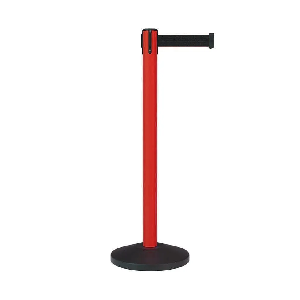 Retractable Belt Barrier Stanchion, Sloped Base, Red Post, 11 ft Belt - Montour Line MS630