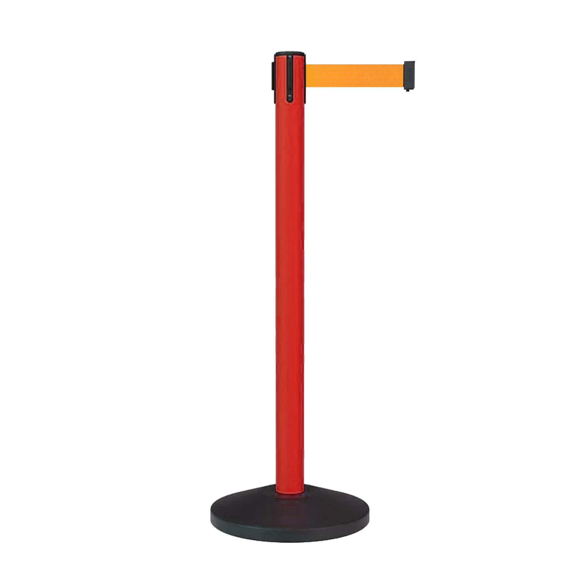 Retractable Belt Barrier Stanchion, Sloped Base, Red Post, 11 ft Belt - Montour Line MS630