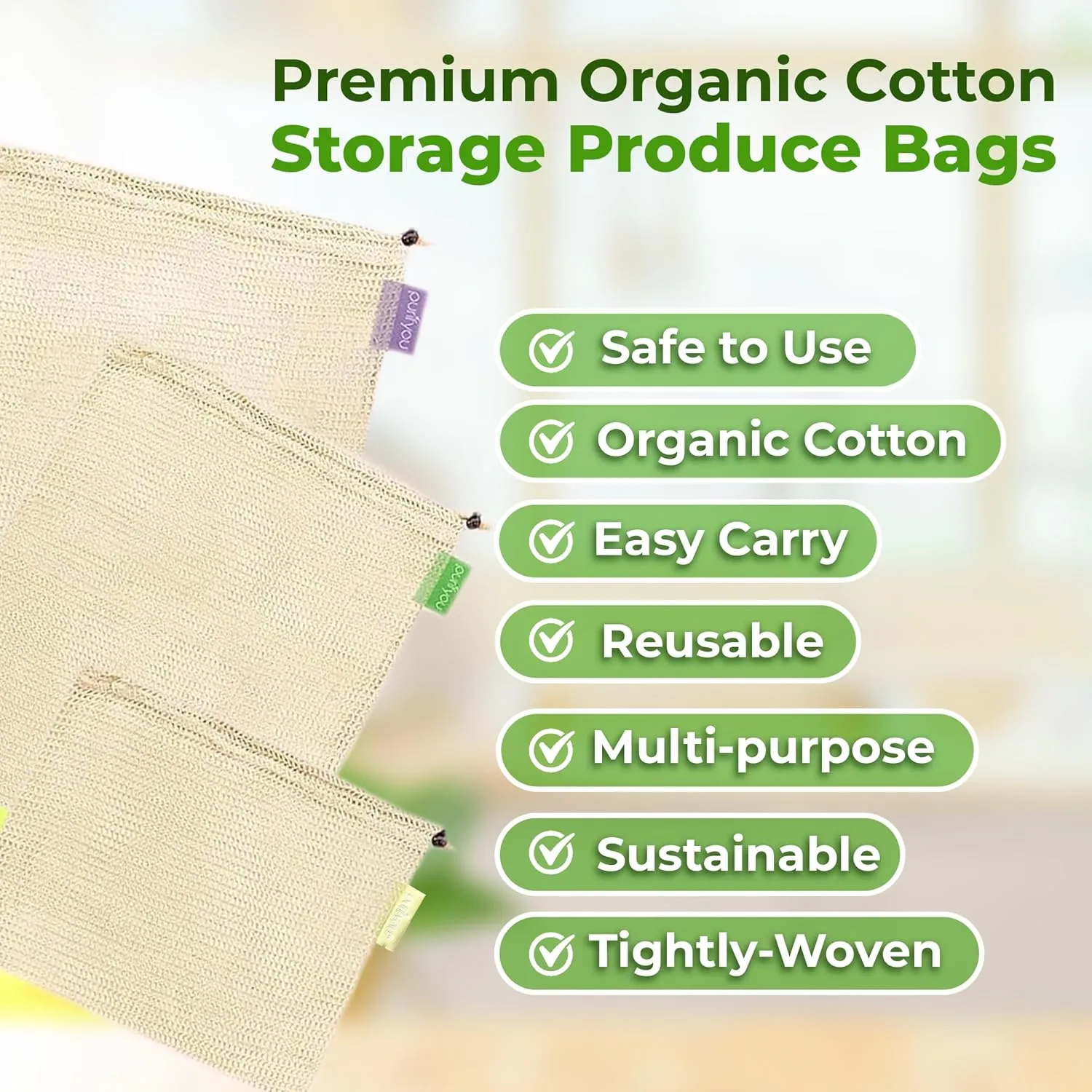 Reusable Produce Bags, Various Sizes, Farmers Market Bags, Washable Shopping Bags